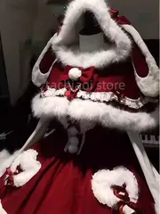 【送料無料】クリスマス 新年 パーティードレス ロリータ ワンピース ケープ付き 赤 ふわふわ スカート プリンセス 冬 可愛い 甘い 大人用 コスチューム