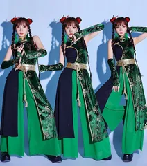 花柄 緑 ダンス衣装 セットアップ レディース 大人 チャイナ風 ヒップホップ ジャズ ダンス衣装 ワンピース パンツ 腕カバー かっこいい 中国風 k-pop 女子 アイドル ステージ衣装 社交ダンス衣装 jazz 演出服 練習服 おしゃれ