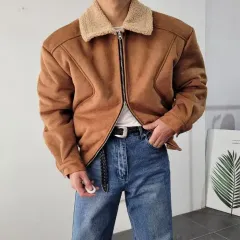 メンズ 肩幅広め スウェード クロップド シープスキン ムートン ジャケット 2COLOR