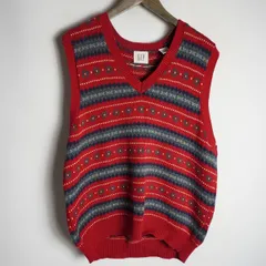 90s Vintage Old Gap cotton knit オールド ギャップ 総柄 コットン ニット ベスト Vネック ビンテージ 赤 M 422P★2