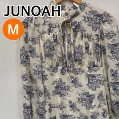 JUNOAH ジュノア ワンピース 長袖 フリル 花柄 ホワイト ブルー レディース Mサイズ 【CT2411】