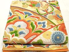 アンティーク丸帯 大正ロマン 花模様 正絹 織り出し 全通柄 No.88-30