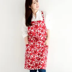 レップ(Rep) エプロン 北欧 ポケット2個付き 花柄 大人用 カフェエプロン 着丈73cm (アビチュアル セルマ) レッド 1056 RE プレゼント