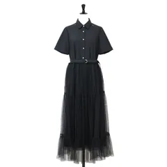 美品 DIAGRAM GRACE CONTINENTAL ワンピース ロング シャツ ブラック 黒 36(S) オーバー チュール ベルト付き 切替え 半袖 無地 きれいめ カジュアル モード【レディース】