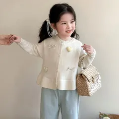 カーディガン キッズ 女の子 ニット セーター トップス 子供服 秋冬春 おしゃれ 長袖 無地 ラウンドネック シングルボタン 柔らかな肌触り ポリエステル素材 グリーン ライトベージュ