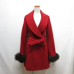 セシルマクビー CECIL McBEE ウール ロング コート M 赤 レッド フォックスファー取外し可 リボン付き 裏地付き