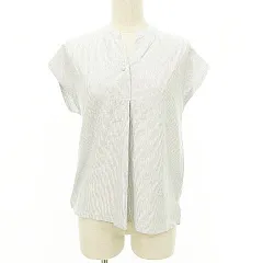 ユナイテッドアローズ UNITED ARROWS 美品 ストライプ シャツ ブラウス バンドスリーブ トップス コットン フェイクパールボタン ワンサイズ 白 ホワイト ライトグレー