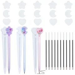 ペン形 シリコンモールド 3個セット ボールペン 芯付き ハート 月 星 シェイカーモールド 流砂のペン 中身がシャカシャカ動く エポキシ樹脂 uvレジン DIY手作り 文房具 アクセサリー レジン 工芸品作成ツール 装飾 (F)