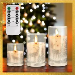 Goldprice クリスマス LED キャンドルライト クリアガラス ホワイトキャンドル 本物の炎のようにゆらめく 3個セット 暖色ライト 炎なし ちらつき 安全 省エネ 専用リモコン付き 明るさ調整 電池式 LEDライトキャンドル 0