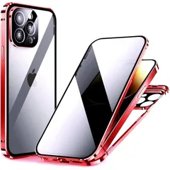 覗き見防止 iPhone 13 Pro Max 用 ケース ロック付き アルミ バンパー メタルフレーム スマホケース 強化ガラスフィルム 一体型レンズ保護 マグネット式アイフォン13promax 両面ケース,レッド