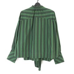 美品 GANNI ガニー 裾リボン グリーンストライプ 短丈 長袖シャツ 緑