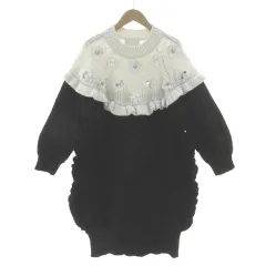 チェスティ Chesty ウール混 フリル ビジュー ニット ワンピース 21N502. 長袖 ひざ丈 花モチーフ パール レース バイカラー ブラック 黒 ホワイト 白 1