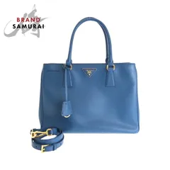 美品 プラダ サフィアーノ ガレリア 三角ロゴプレート ブルー ゴールド金具 レザー トートバッグ ショルダーバッグ ハンドバッグ 411170【中古】