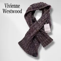 【タグ付き・未使用品】 ヴィヴィアン ウエストウッド マフラー ケーブル編み ショート ウール 100% オーブ 紫系 ストール 日本製 スリット