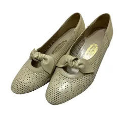 銀座ヨシノヤ (21.5) パンプス アーモンドトゥ リボン パンチング 本革 レザー 希少デザイン