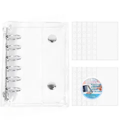 [SIVAN] シール帳 A7サイズ 透明手帳 バインダー 【リングの開閉は、両端を軽く押すだけでOK】 【3層構造PPシート・両面収納ポケット付・シール収納・防水防汚】 手帳 シール台紙 プリ帳 リフィル カードポケット カードスリーブ はがせる クリア 1