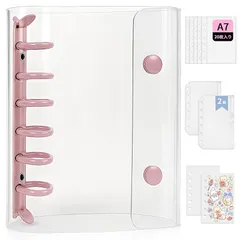 GOKEI シール帳 プラバン 透明 A7サイズ ミニ クリアバインダー 【リフィル×20枚 チャック付きボケット×2枚 下敷き×2枚】手帳 プリ帳 カードスリーブ ポケット はがせる バインダー型ノート 女の子 コラージュノート ピンク 1