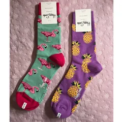 セール！【3】Happy socks  2足ギフトセット 26〜29.5cm フラミンゴ　 ライトグリーン・　パイナップル　紫　大きいサイズ　ハッピーソックス
