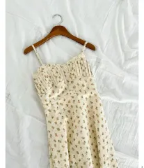 フラワー 小花柄 ノースリーブ イエロー スクエアネック ロング丈ワンピース