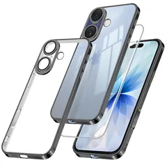 iPhone 17 用 ケース クリア ガラスフィルム アイフォン 17 カバー iphone17 スマホケース 透明 TPUバンパー 薄型 ストラップホール付き ワイヤレス充電対応 6 .3インチ クリアケース ブラック