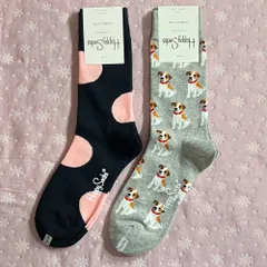 セール！【9】Happy socks  2足ギフトセット ピンクドット黒・　犬　グレー　23〜25.5cm レディース　ハッピーソックス