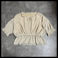 小花柄 フリルネック ペプラムブラウス M リボン付き 七分袖 ベージュ