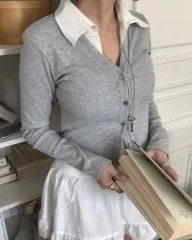 더핀 グレー Vネック カーディガン Tシャツ