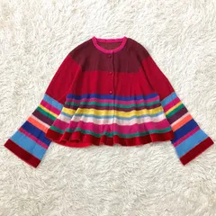 美品 TOKUKO 1er VOL ニット編み マルチボーダーのカーディガン フレア裾 マルチカラー 総柄 レッド 長袖 フレアスリーブ 9サイズ