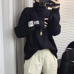 ブラック タートルネック ニット リブ リブニット タグ セーター 長袖 萌え袖