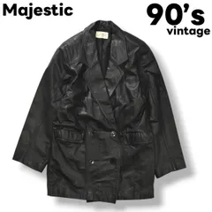 【牛革】 90sヴィンテージ Majestic リアルレザー ダブル テーラードジャケット コート F ブラック メンズ レディース ユニセックス