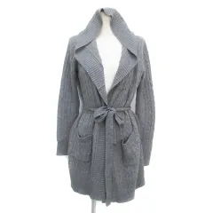 コムサイズム COMME CA ISM ニットカーディガン ロング丈 フード付き 前開き ケーブル編み リボン付き ウール混 F グレー /FF17 ■MO