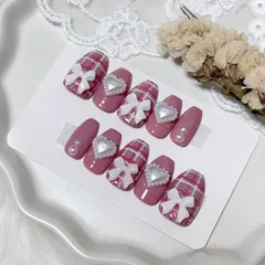 【現品】85 《3日以内発送》 ネイルチップ ピンク パール ハート リボン チェック柄 ガーリー