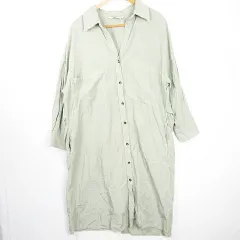 ザラ ZARA シャツ ワンピース ロング丈 長袖 リヨセル リネン混 L ライトグリーン 4043/053 kz11449