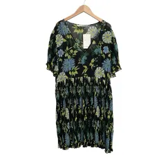 ザラ ベーシック ZARA BASIC タグ付き ワンピース プリーツ 半袖 総柄 ブラック グリーン イエロー L