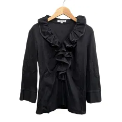 ナラカミーチェ NARA CAMICIE フリルカットソー 七分袖 伸縮性 ブラック サイズ3 XL相当