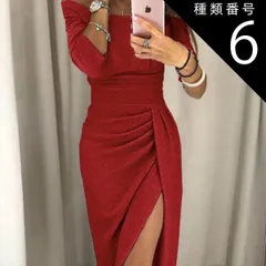 種類6：レッド/M ドレス パーティードレス パーティドレス 結婚式ドレス 二次会ドレス 披露宴ドレス カラードレス キャバドレス ワンピ キャバ 衣装 タイトドレス 膝下 ミモレ ミモレ丈 7分丈 袖あり 7分袖 オフショルダー オフショル 襟なし マーメイ