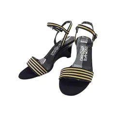 【最大30％OFF】サルヴァトーレフェラガモ Salvatore Ferragamo サンダル ボーダー ♯6D ウェッジソール ブラック ベージュ レディース 中古