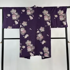 【美品】 羽織 身丈102cm 裄丈67.5cm L 桜 地紋 紫 化繊 優品 【中古】