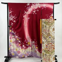 【美品】 振袖 身丈160.5cm 裄丈65cm M 袷 袋帯フルセット 牡丹 桜 箔 金彩 赤 正絹 秀品 【中古】