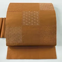 【美品】 名古屋帯 秀品 麻の葉 青海波 刺し子刺繍 オレンジ 正絹 【中古】