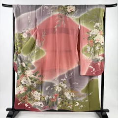 振袖 身丈157.5cm 裄丈67cm M 袷 落款 花車 牡丹 金彩 刺繍 ピンク 正絹 名品 【中古】