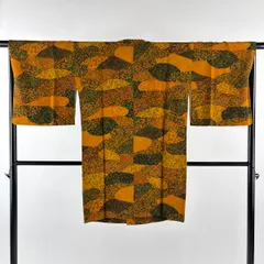 【美品】 道行 身丈96cm 裄丈66.5cm M 和装コート 角衿 蔦 草花 縮緬 オレンジ 正絹 秀品 【中古】