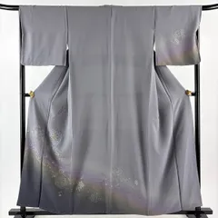 付下げ 身丈157.5cm 裄丈67cm M 袷 華文 七宝 刺繍 金糸 灰色 正絹 秀品 【中古】