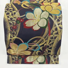 【美品】 袋帯 秀品 花和風 全通長尺 花 組紐 金銀糸 箔 濃紫 六通 正絹 【中古】