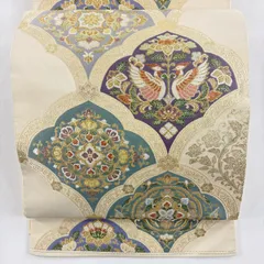 【美品】 袋帯 秀品 華文 花唐草 金糸 箔 クリーム 六通 正絹 【中古】