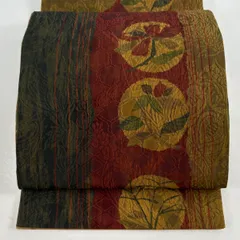 【美品】 袋名古屋帯 秀品 草花 縞模様 ふくれ織 えんじ色 正絹 【中古】