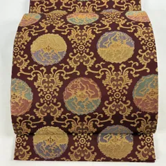 【美品】 袋帯 秀品 花唐草 幾何学 金糸 箔 赤茶 全通 正絹 【中古】