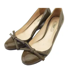 【最大30％OFF】プラダ PRADA パンプス リボン ♯35 ウェッジソール グリーン ブラウン レディース 中古