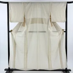 【美品】 小紋 身丈158cm 裄丈64.5cm M 薄物 縦縞 ベージュ 正絹 秀品 【中古】