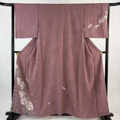 付下げ 身丈158cm 裄丈66.5cm M 袷 落款 草花 菱 絞り 赤紫 正絹 秀品 【中古】